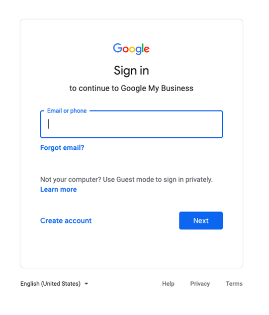 Screenshot of signing into Google My Business