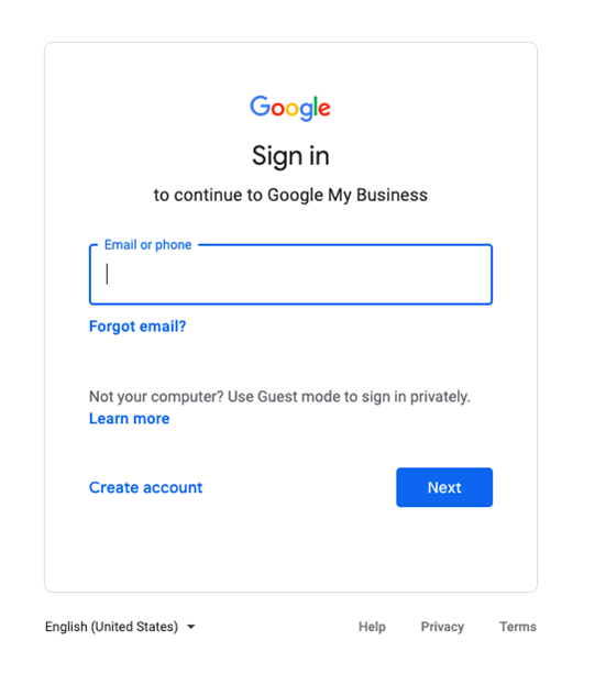 Screenshot of signing into Google My Business