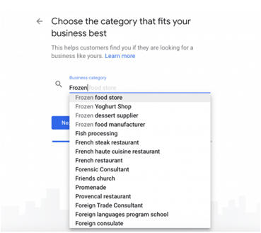 Screenshot of searching for your business category