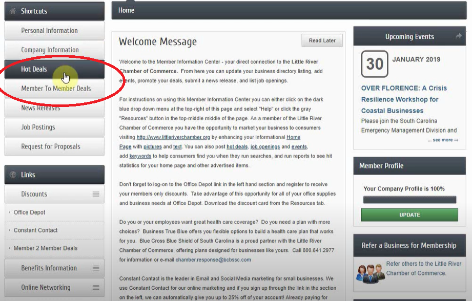 screenshot of hot deals button inside the member information center after logging into the chamber website