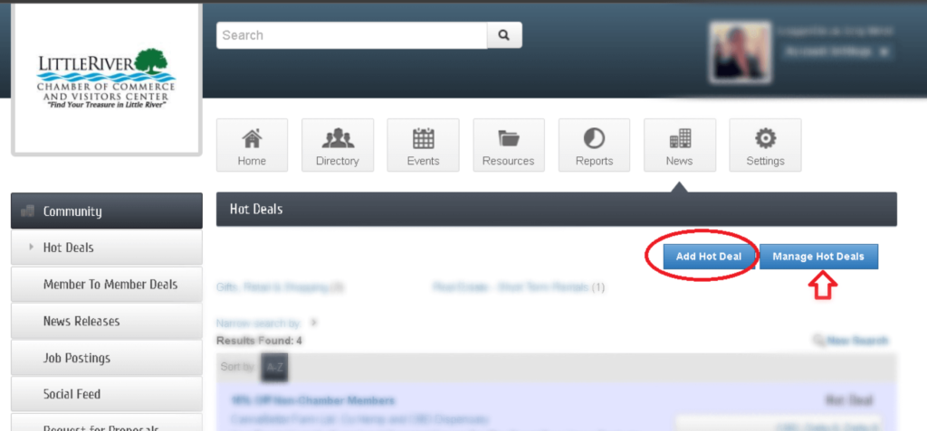 Screenshot of: On the Hot Deals page, click on Add Hot Deal or Manage Hot Deals. 