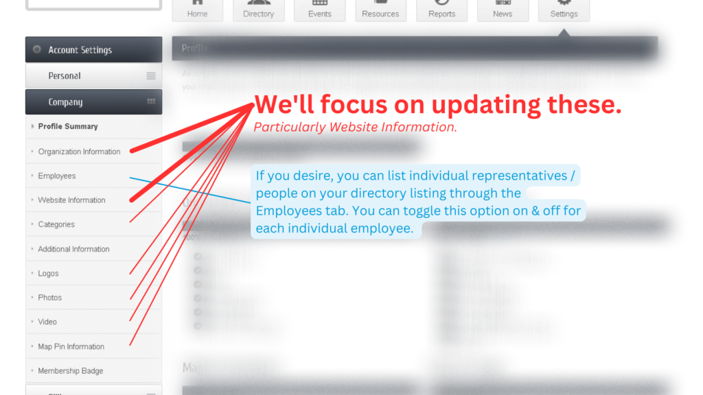 Screen shot of left sidebar options to update under Company Information. 